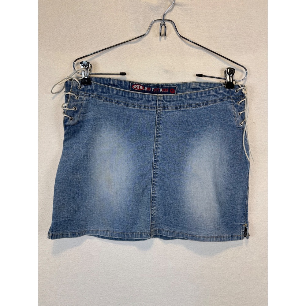 One Tuff Babe Denim Skirt Blue Mini Lace Up Sides Stretch Y2K Vintage 7/8